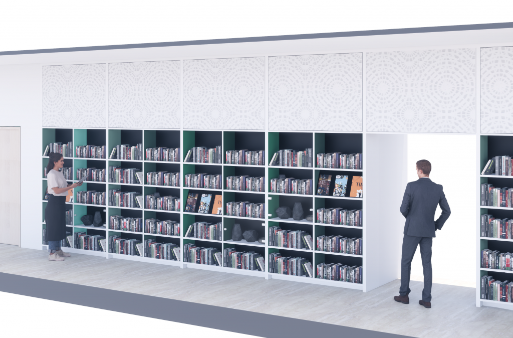 Proposed book wall, which will stretch across the ground floor