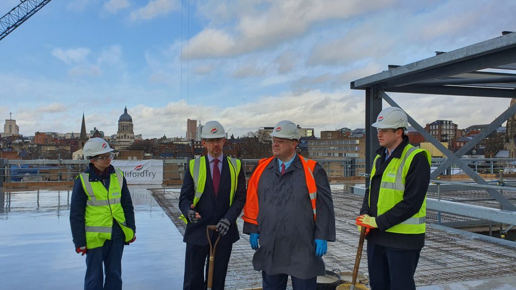 Councillor Roberts, Jon Marston of Galliford Try, Councillor Mellen and Tom Goshawk of D2N2 meet to top out the building