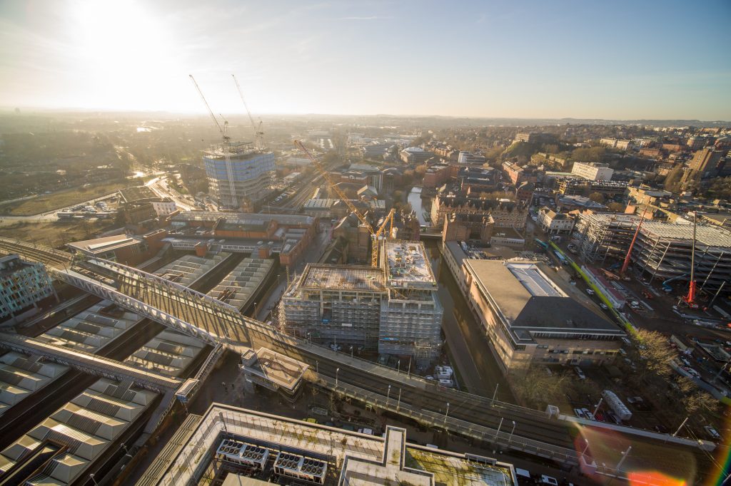 The Unity Square development and Nottingham Station from the air