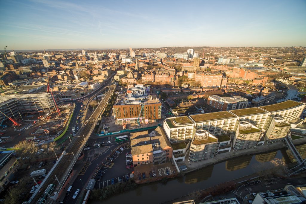 Nottingham College's City Hub development site and the historic Lace Market taken from the air