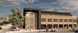 Artists impression of new mixed use scheme with library, retail unit, housing and car park