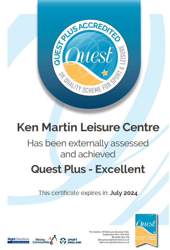 Ken Martin Leisure Centre has been externally assessed and achieved Quest Plus - Excellent. This certificate expires in July 2024. Image includes Quest logo, Sport England Logo.
