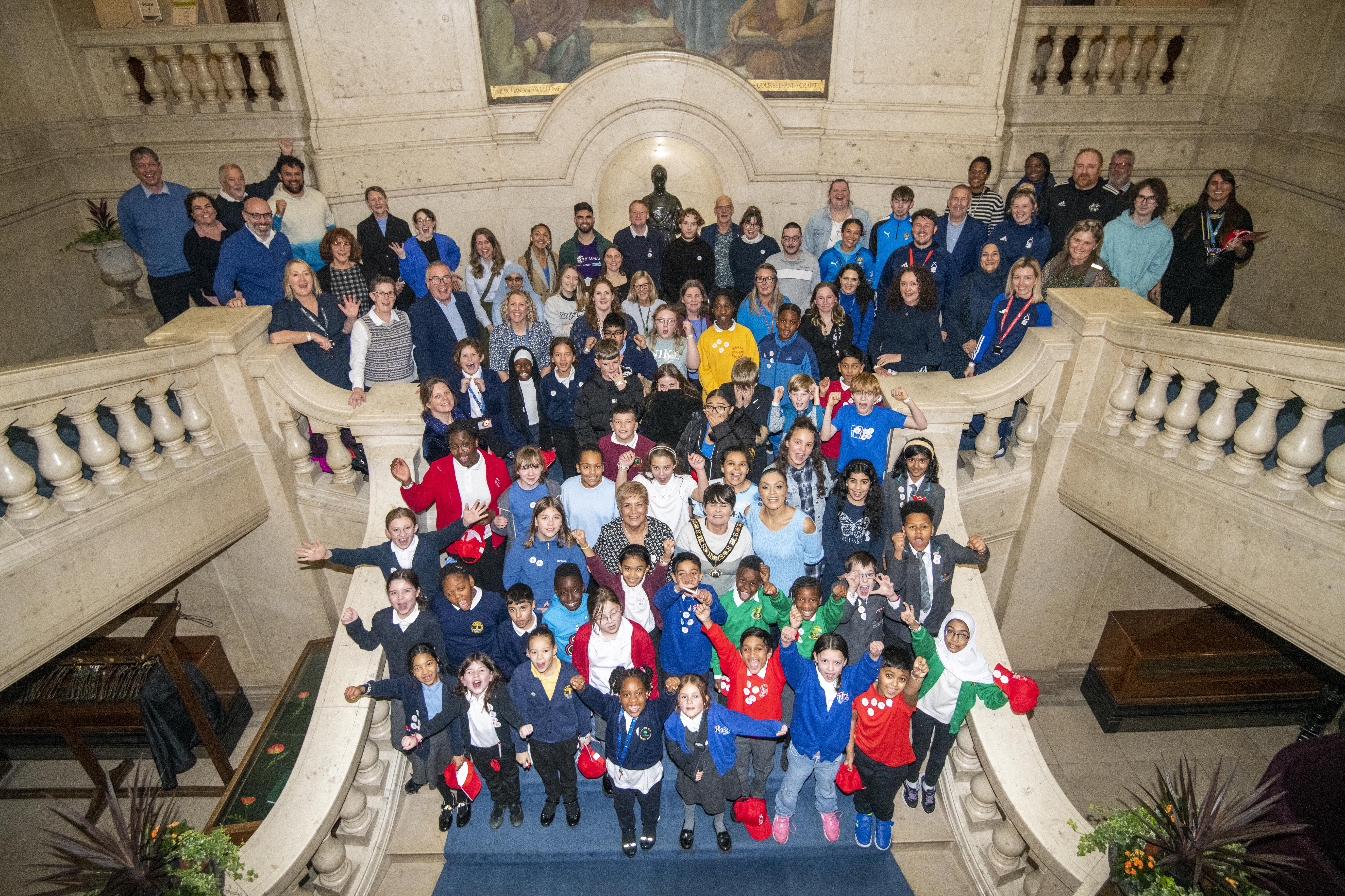 Children and young people at the Child Friendly Nottingham event 20 Nov 2023 on Council House stairs