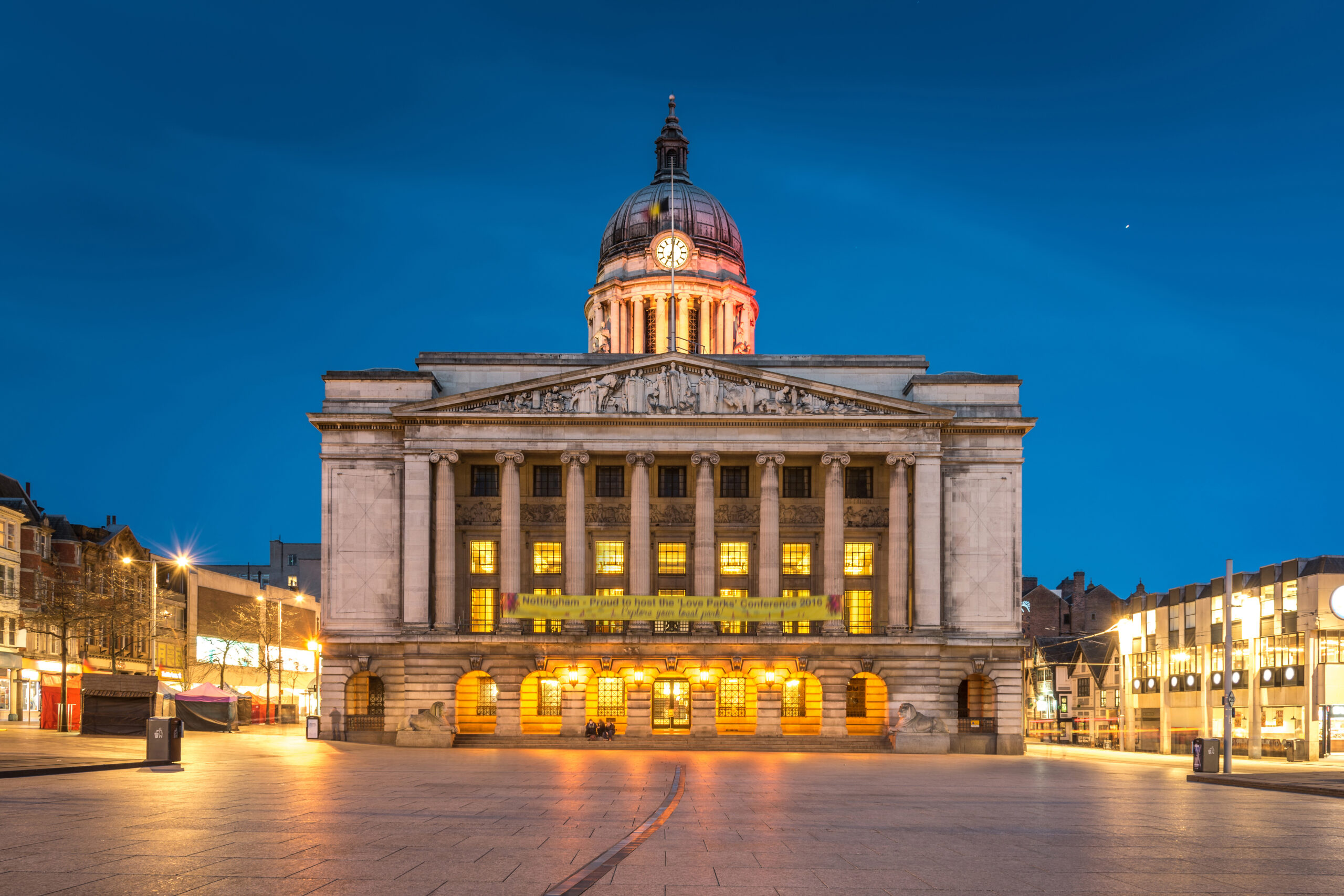 Nottingham Council House at night.